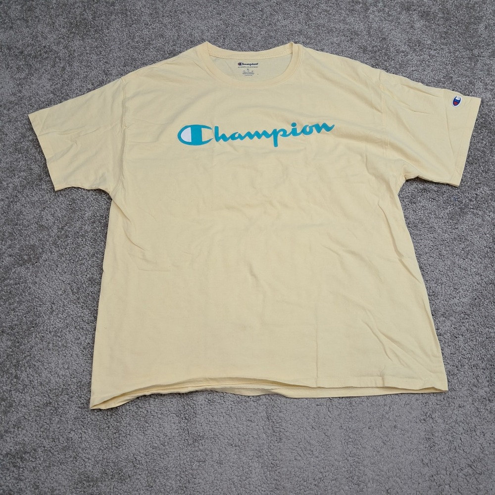 Champion‎ Mens XL Script Logo T-Shirt Pale Yellow Teal GT23H DRZ Cotton Tee